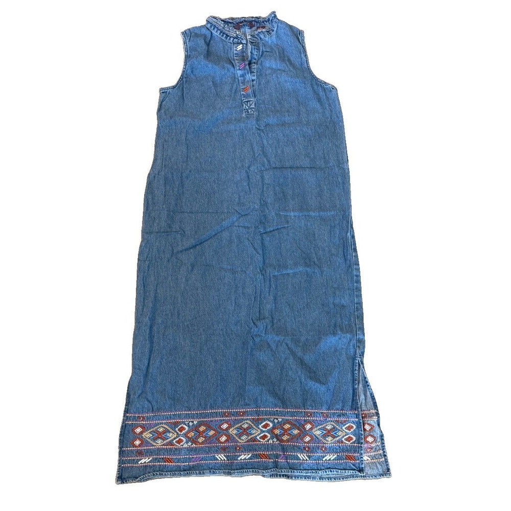 Agapo Women's XL Chambray Denim Embroidered Midi Dress Sleeveless Boho Cotton